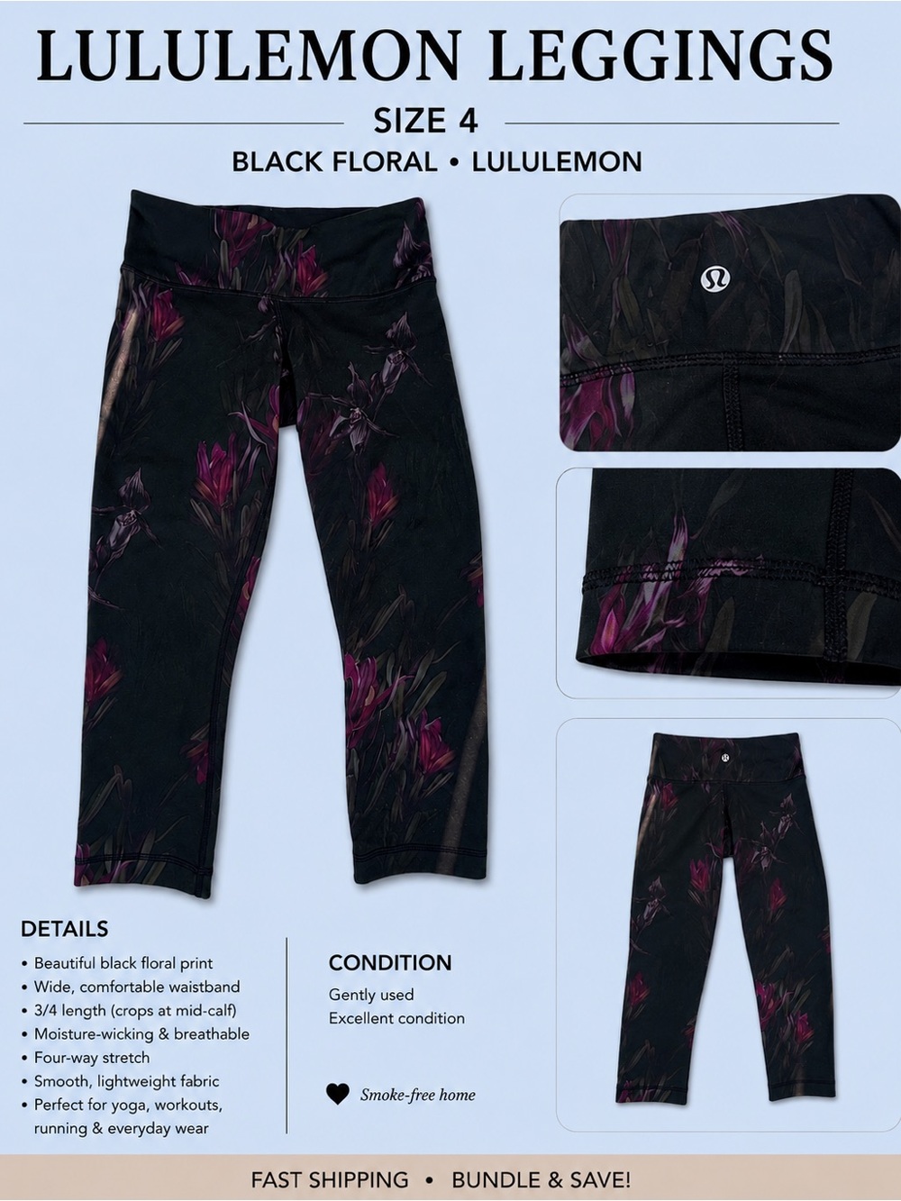 lululemon athletica Kids Black Floral Capri Leggings with Pink Accents